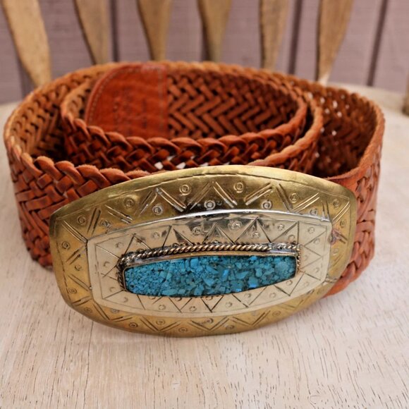 Chico's Moroccan Brown Leather Woven Belt Brass Silver Tone Buckle L - Picture 2 of 15